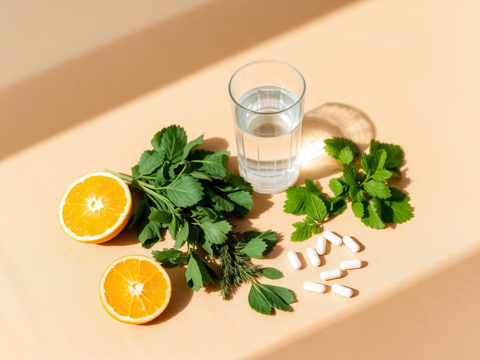 Fresh greens, citrus, and supplements on linen